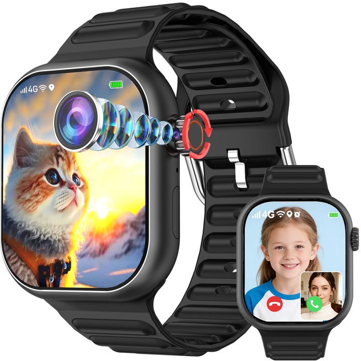 Смарт часовник за деца с GPS, видео и гласови разговори, SMS, HD камера, училищен режим, Wi-Fi, Bluetooth, водоустойчив, пулс, крачкомер, Google Play, 2 инча 4G смарт часовник за деца с 4G RAM+64G, черен
