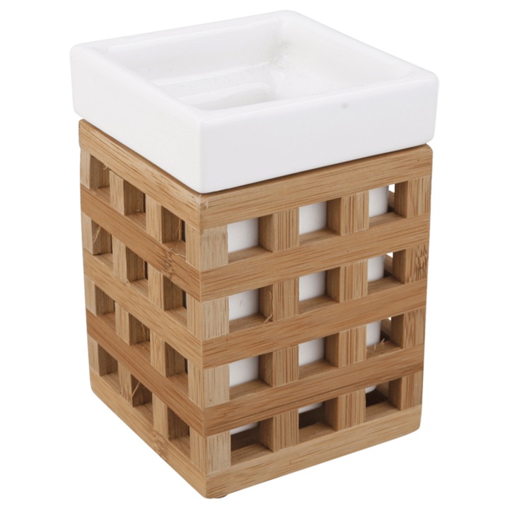 Suport pentru periute de dinti, Optima, ceramica/bambus, alb/maro, 10x10x10 cm