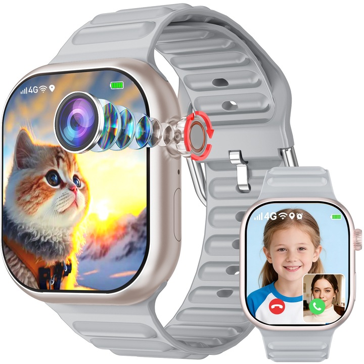 Смарт часовник за деца с GPS, видео и гласови повиквания, SMS, HD камера, училищен режим, Wi-Fi, Bluetooth, водоустойчив, пулс, крачкомер, Google Play, 2 инча 4G смарт часовник за деца 4G RAM+64G, сребрист