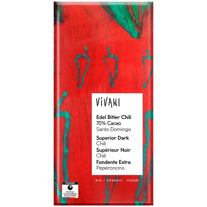 Ciocolata amaruie cu cacao 70% si chili bio bio, 80g