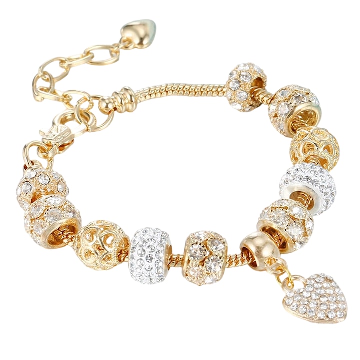 Bratara cu margele DIY, elemente multiple, pandantiv inima cu strasuri aurii, 18-22cm