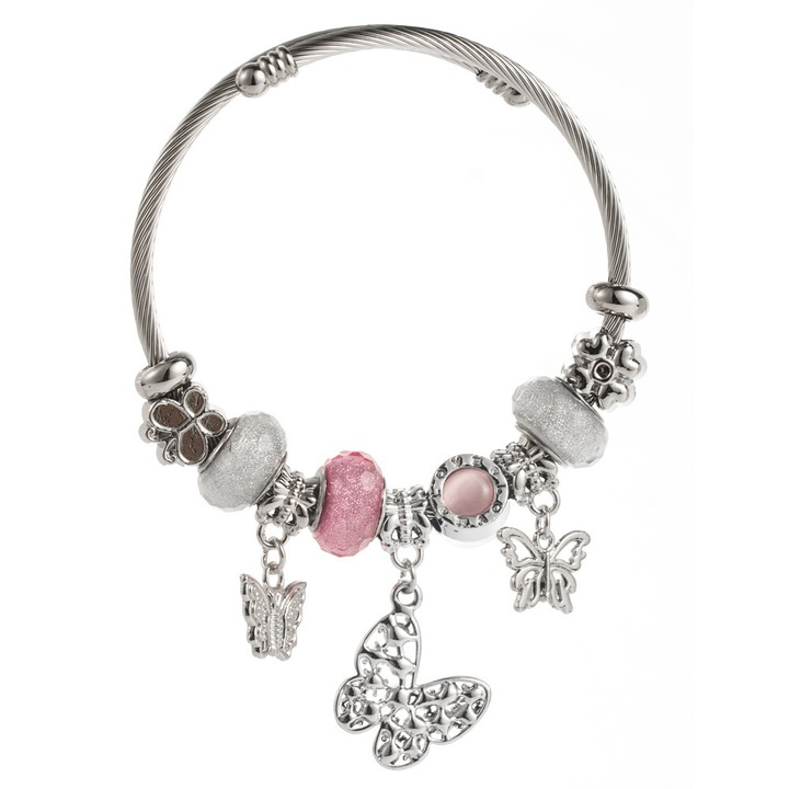 Bratara cu pandantiv fluture inima ursulet cu margele, lungime reglabila, roz