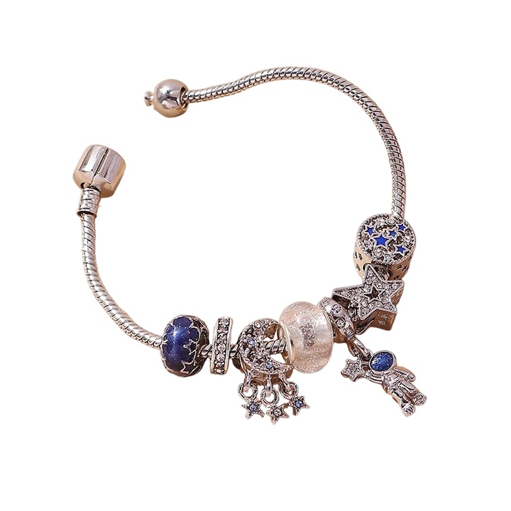 Saját készítésű gyöngyös karkötő, több elemből álló gyöngyfűzés, állítható hosszúságú, űrhajós stílusú, 18-22 cm