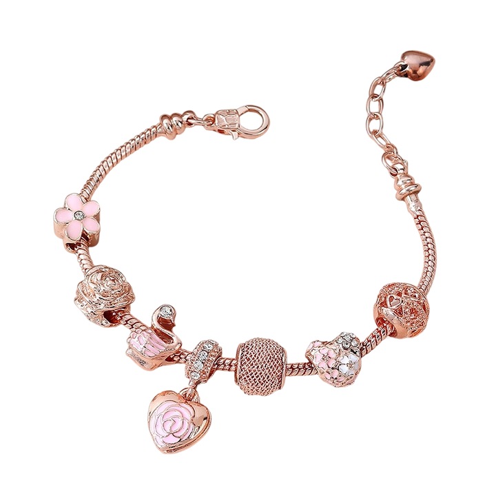 Bratara din margele, lungime ajustabila, roz aurie, 18-22cm