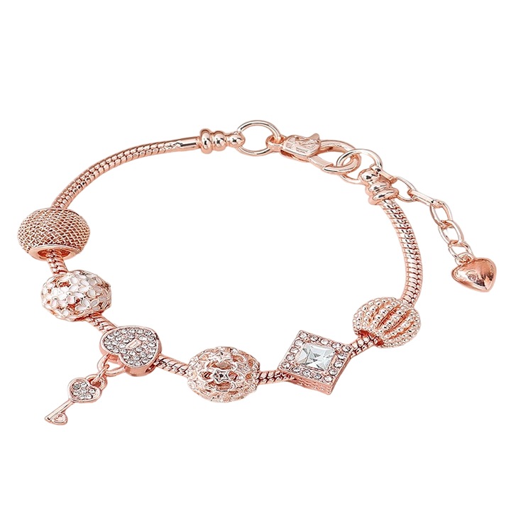 Bratara cu margele DIY, design cheie in forma de inima, lungime ajustabila, 18-22cm