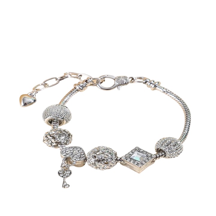 Bratara din margele cu pandantiv cheie in forma de inima, lungime ajustabila, 18-22cm