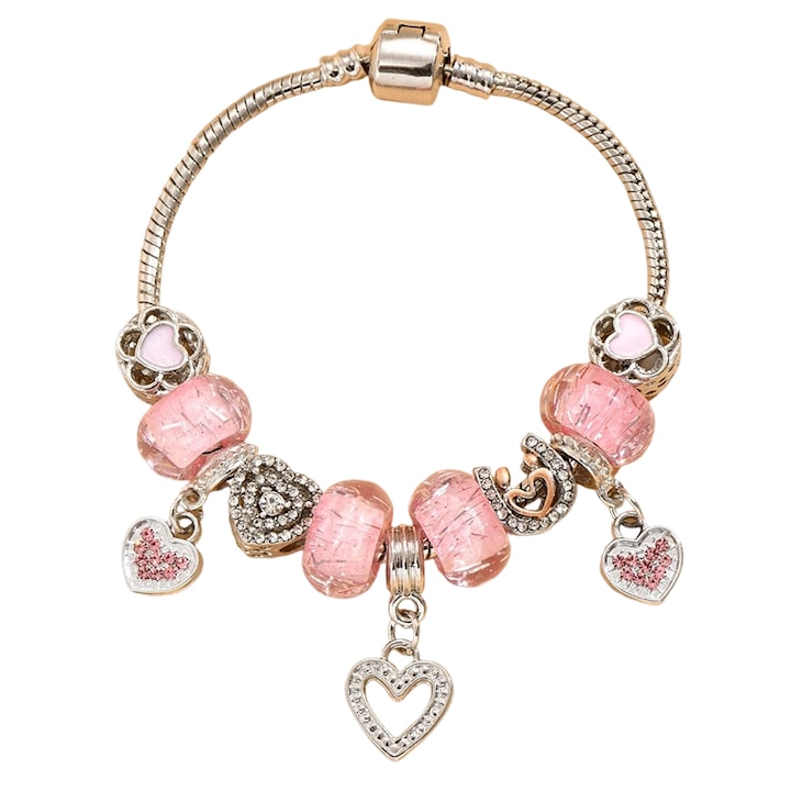 Bratara din margele, pandantiv inima roz, lungime ajustabila 18-22cm