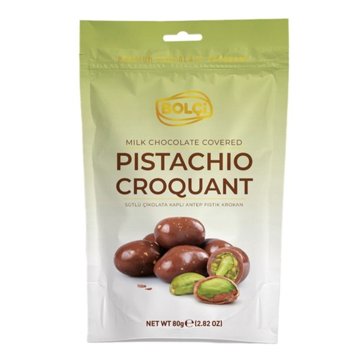 Bomboane cu fistic crocant invelite in ciocolata cu lapte, Bolci, 80 g, desert premium, gust intens dulce-crocant