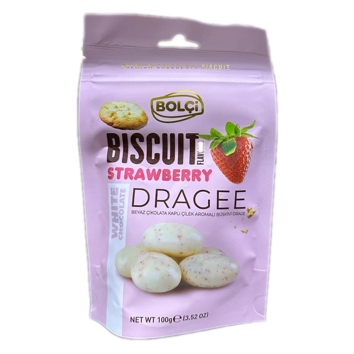 Bomboane cu biscuiti crocanti si aroma de capsuni in ciocolata alba, Bolci, 100 g, desert premium, gust intens dulce-fructat