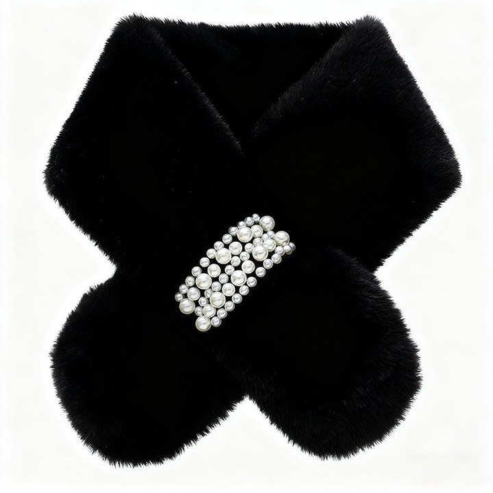 Esarfa dama, Omelivon, model cross cu perle, blana sintetica, negru, 13x80cm
