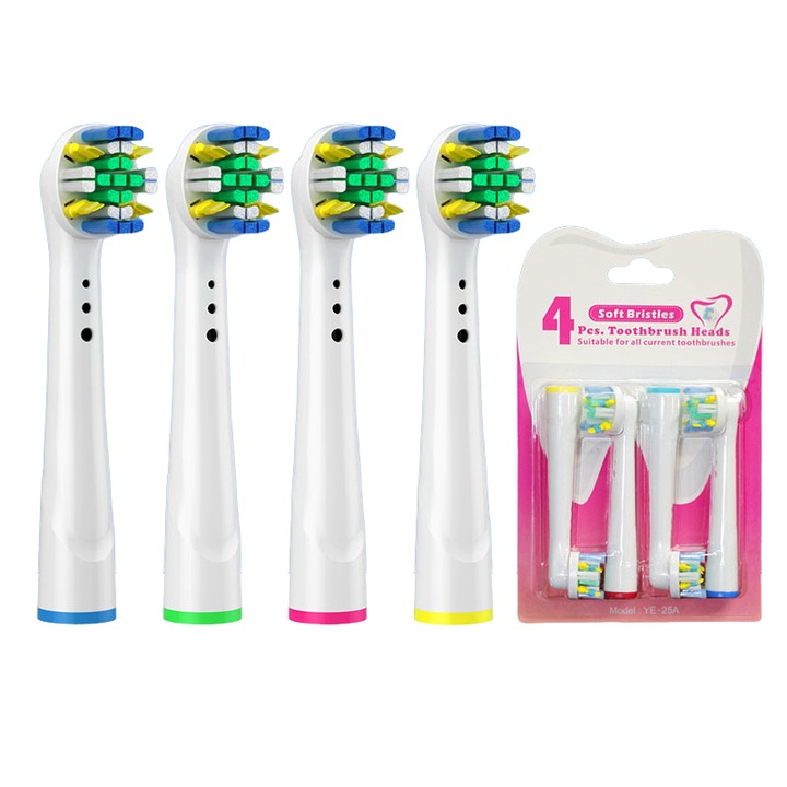 Set de 4 capete de periuta de dinti, compatibile cu majoritatea periutelor electrice Oral-B, bristles de calitate, galben/verde