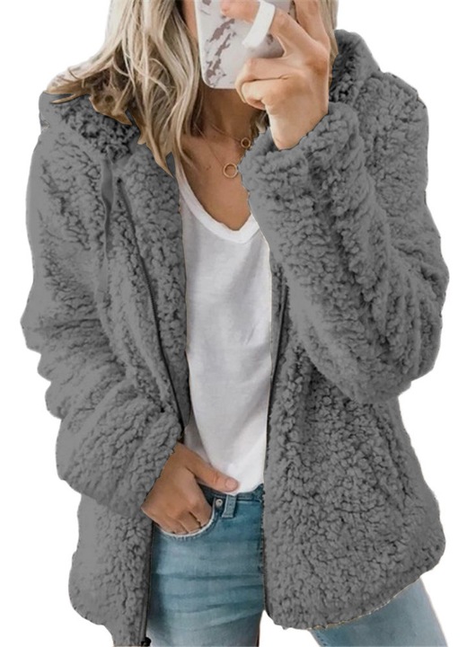 Jacheta dama, cu gluga, fleece, gri inchis