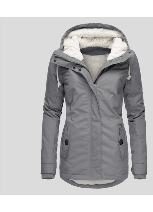 Jacheta de iarna pentru dama, impermeabila, bumbac, captusita cu fleece, gri deschis