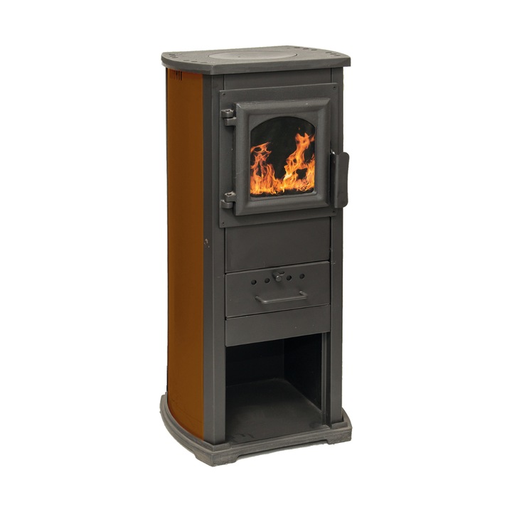 Камина на дърва Termo Klasik Lux кафява, с плоча за готвене и термоустойчиво стъкло, 39 × 39 x 87 см