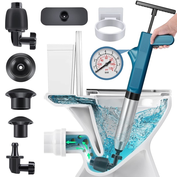 Desfundator pneumatic de inalta presiune pentru toaleta, Bedee, Desfundator pneumatic puternic pentru baie, Din otel inoxidabil, Cu barometru in timp real, Sigur si durabil, Potrivit pentru toalete, Scurgeri, Chiuvete, Dusuri, Verde