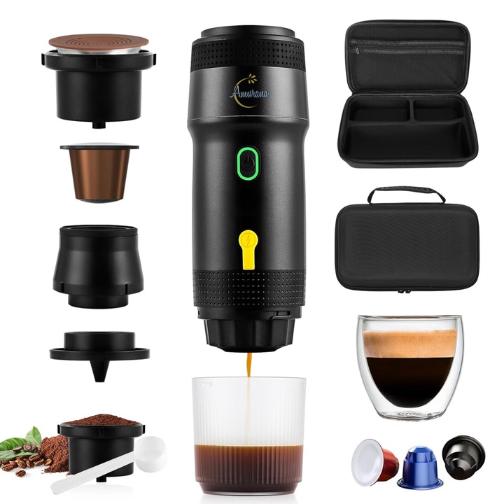 Espressor portabil 3-in-1 cu geanta depozitare/transport, Amurana, KF-JN-01, Cafea macinata/capsule Nespresso, Dolce Gusto, Incalzeste apa fara fir, Extractie la cald/rece, Baterie reincarcabila rapid USB, Compact, Calatorii, Drumetii, Camping, Negru