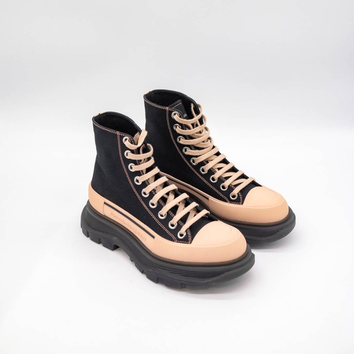 Ghete Alexander McQueen pentru dame, material textil si piele, negre, Negru