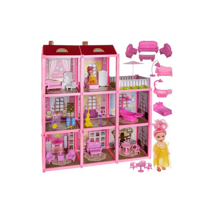 Babaház, 3 szint és erkély, babával, 22 bútordarab, 17x60x65 cm