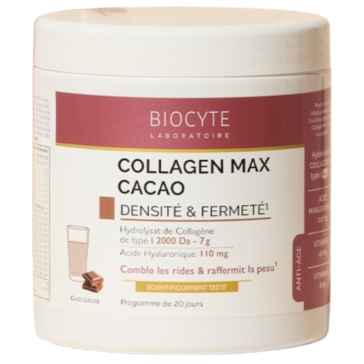 Supliment alimentar Biocyte Collagen Max Cacao, Colagen, Acid hialuronic, Vitamine, 260 g