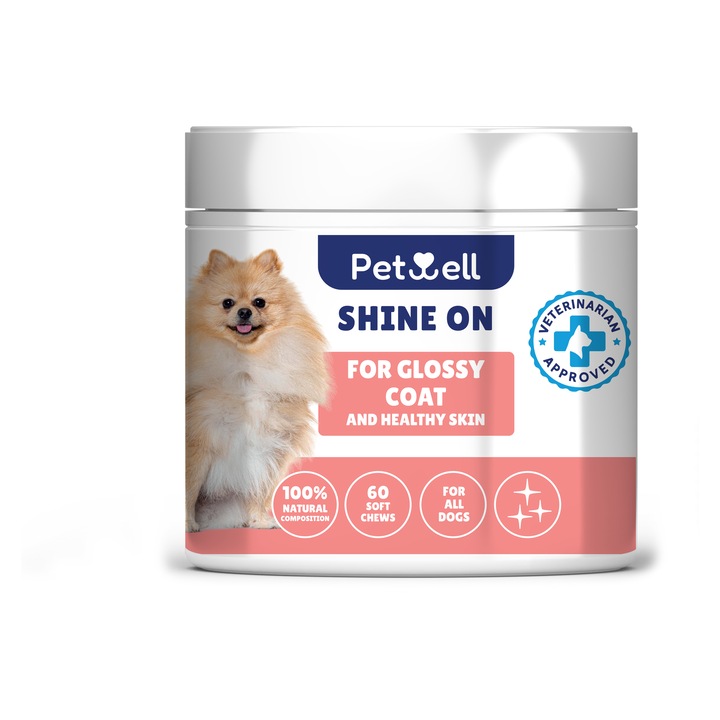 Хранителна добавка за кучета Petwell SHINE ON – меки хапки за кожа и козина с масло от сьомга, 60 бр., 180 g