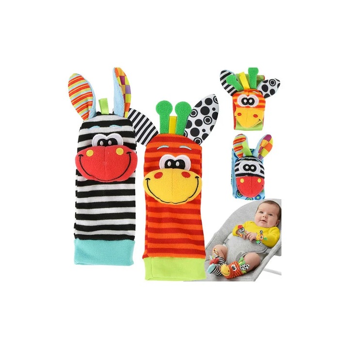 Csörgős zokni és fejpánt babáknak, zebra és zsiráf minta, textil