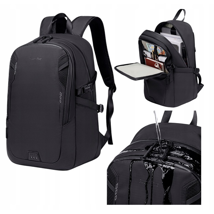 Rucsac urban negru pentru tineri, pentru lucru si calatorii, 22 l, pentru laptop de 15 "6", impermeabil. SUPER FIVE FB700 Black