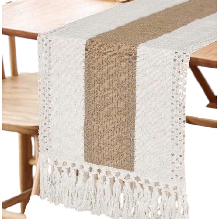 Napron masa macrame cu ciucuri, stil rustic bej/maro 220*30 cm