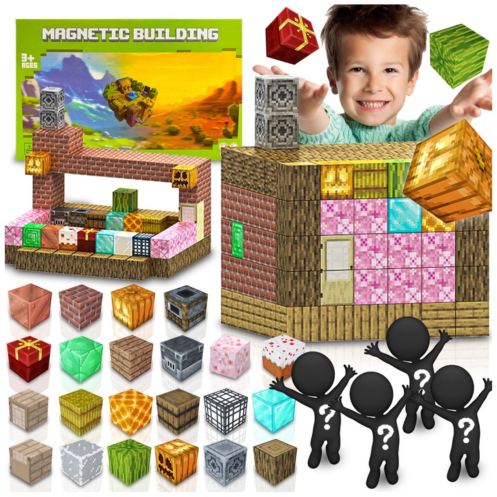 Set de constructie Pixel, 128 piese, 4 figurine, tema cofetarie, design pixelat