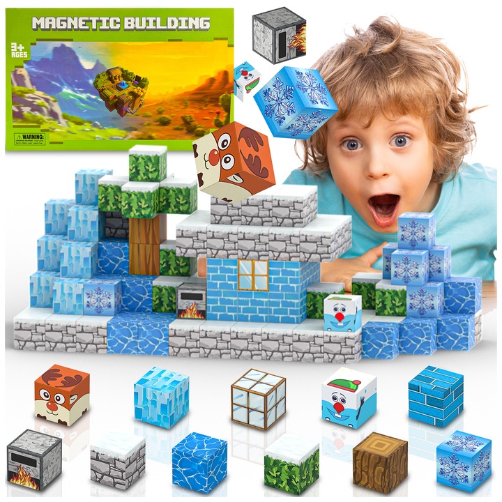 Магнитен конструктор Pixel, 112 елемента, зимна тема, зимни цветове, пиксел-арт стил