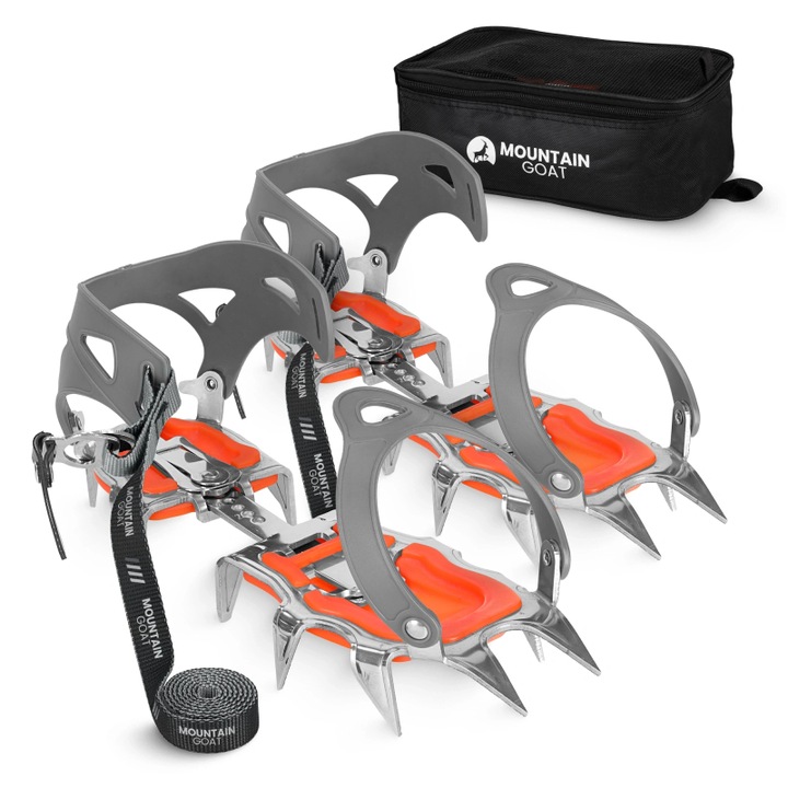 Crampoane pentru pantofi de baschet, MOUNTAIN GOAT, PRO, pentru drumetii montane si teren dificil, gheata si zapada, 12 colti din otel inoxidabil, constructie rigida si usoara, marime universala 36–46, cu husa de protectie, portocaliu/gri