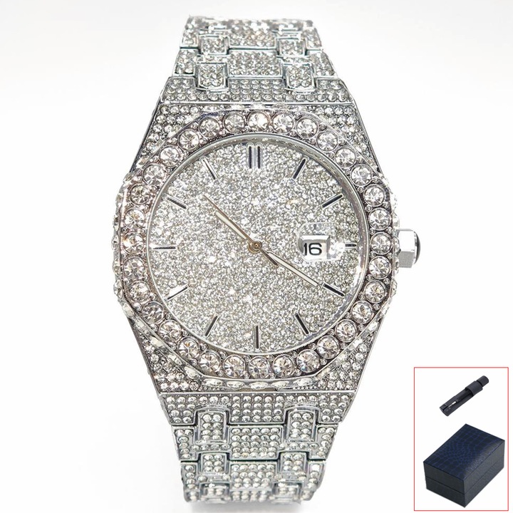 Ceas barbati, rotund, argintiu, 43x13mm, curea metalica 21x2.5cm