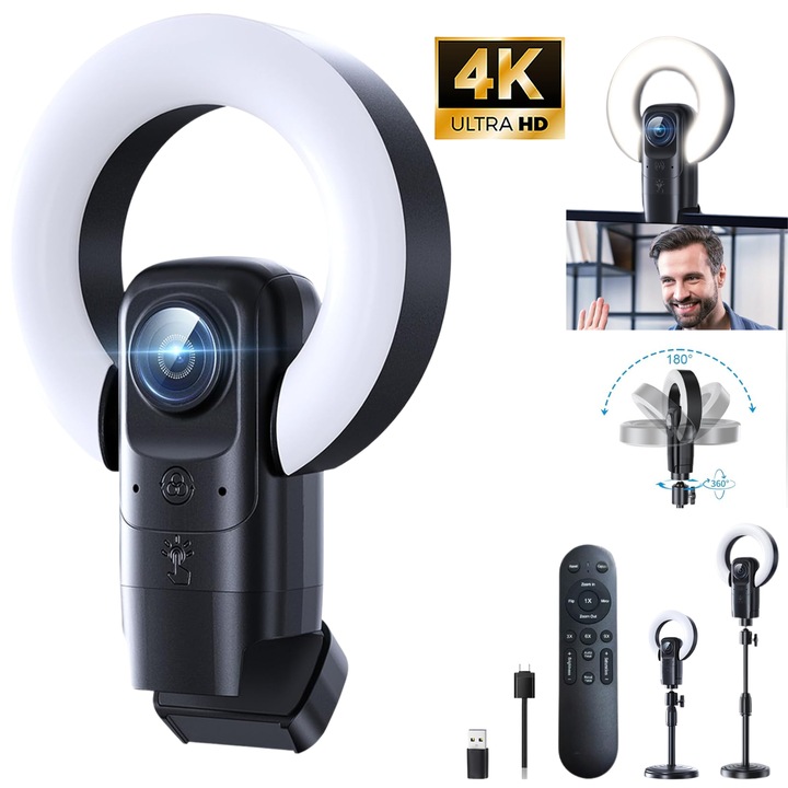 Camera Web 4K Ultra HD cu Lumina Inelara LED, Autofocus TOF, Zoom 1–9X, Microfon, Telecomanda, Suport Reglabil, MOGODA 8820C