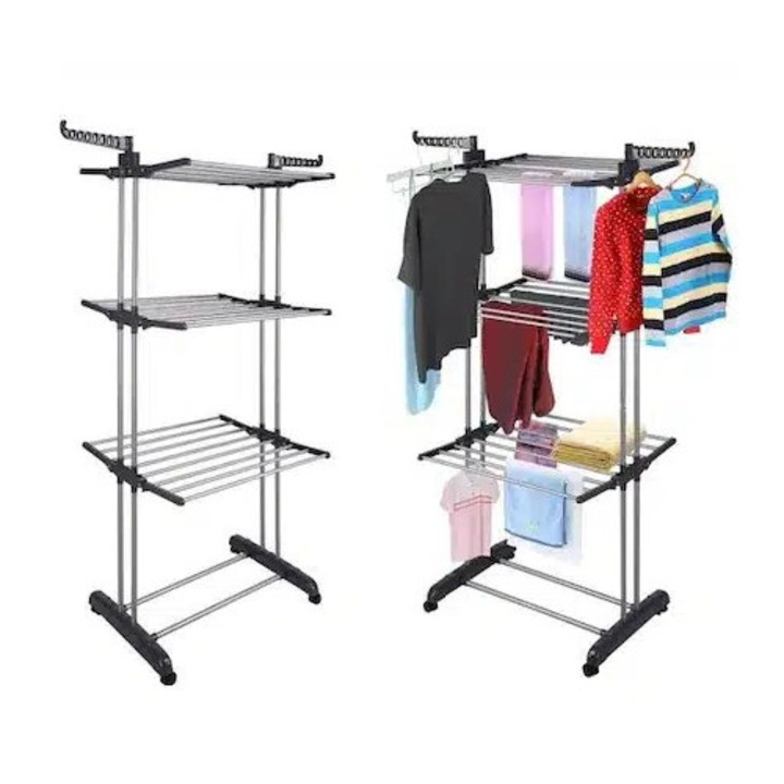 Uscator Vertical pentru Rufe Haine Mobil si Pliabil cu Suport Umerase, Inaltime 175 cm, Gri