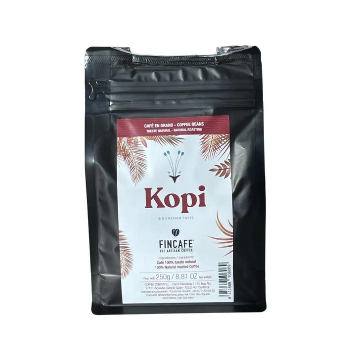 Cafea Arabica boabe Fincafe, Indonesia Sumatra, 100% boabe prajite natural, note florale/fructate, aroma bogat condimentata, aciditate medie, proces de semi-spalare manuala, ideala pentru cafea proaspat rasnita, aroma intensa, 250 g