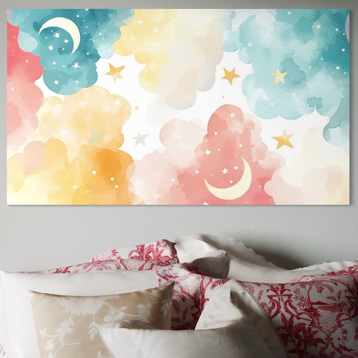 Tablou Canvas Premium, LuxCanva® K1040, Norii Care Canta Stele, 75 X 130 CM, Panza Bumbac 100% 400g/m2, Sasiu, Lemn, Somn, Usor, Vise, Pastel, Cer, Curcubeu, Ploaie, Pufos, Magie, Luna, Fantezie, Taram, Basm, Frumusete, Camera Copil, Dormitor