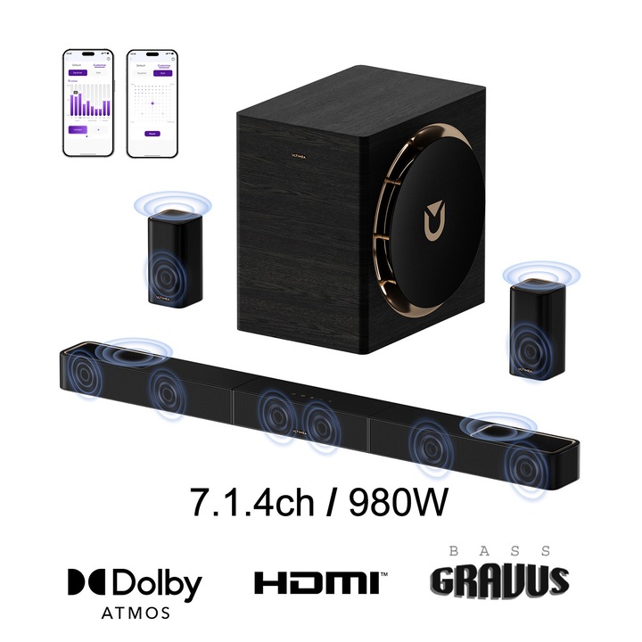 Soundbar Ultimea Skywave X70 7.1.4, 980 W, Subwoofer fara fir de 10″, Dolby Atmos, sunet SurroundX 360°, transmisie audio fara pierderi, negru