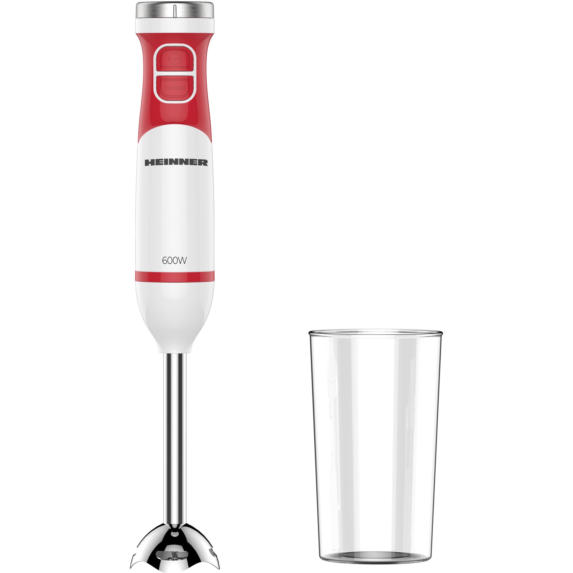 Blender de mana Heinner Newflex-600 HHB-D600WHR, 600W, viteza variabila, lame inox, cana mixat 0.5L, alb+rosu