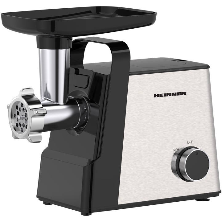 Masina de tocat Heinner Meatmaster HMG-2100SS3, 2100W, accesoriu rosii, Kibbe si carnati, capacitate tocare 1.8kg/min, 2 viteze, 3 site metalice, cutit inox, functie reverse, negru/inox