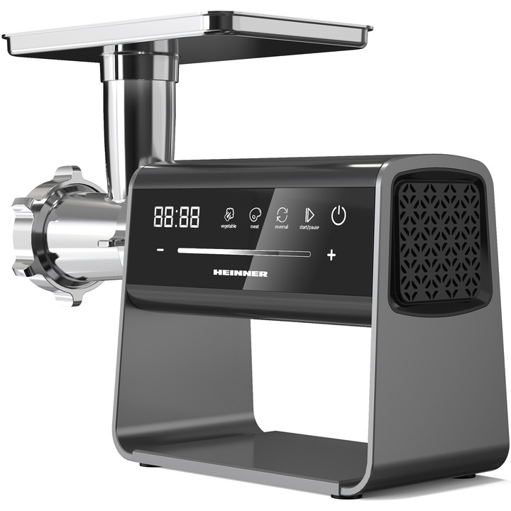 Месомелачка Heinner ExquisiteForce HMG-DIS2500, 2500W, Тъч контрол, Планетарна предавка с 6 зъбни колела, Приставка за домати, Kibbe и наденици, Капацитет на смилане 2.5 кг/мин, Променлива скорост, Нож и сита от неръждаема стомана, Функция реверс, Inox