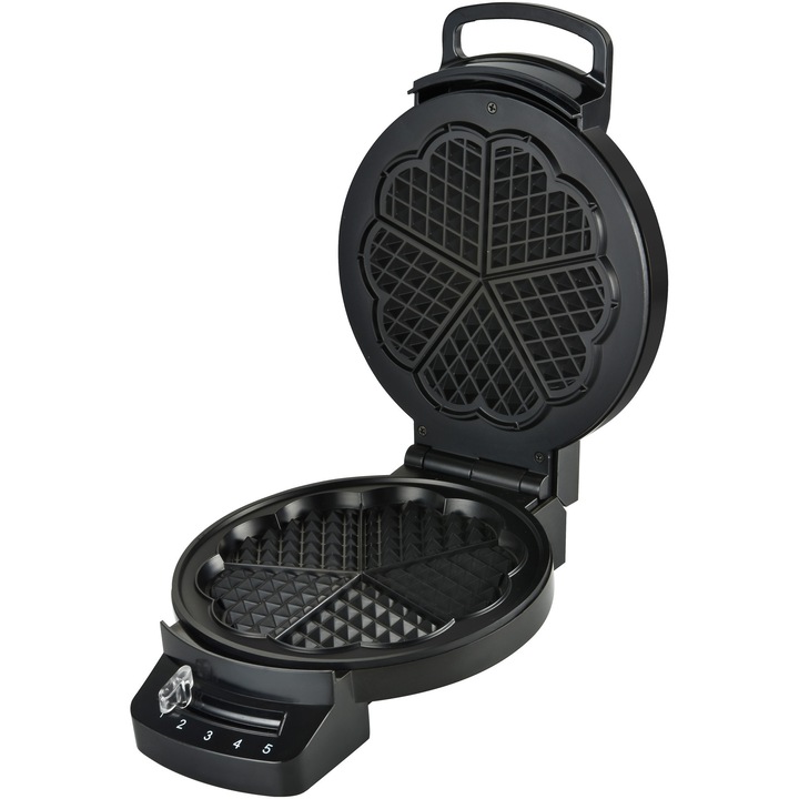 Aparat de facut gofre Heinner HWF-F1200BK , 1200W, capacitate: 1 gofra/vafa, placi fixe cu invelis antiaderent, termostat ajustabil, Indicatori luminosi de folosire, design depozitare verticala, negru