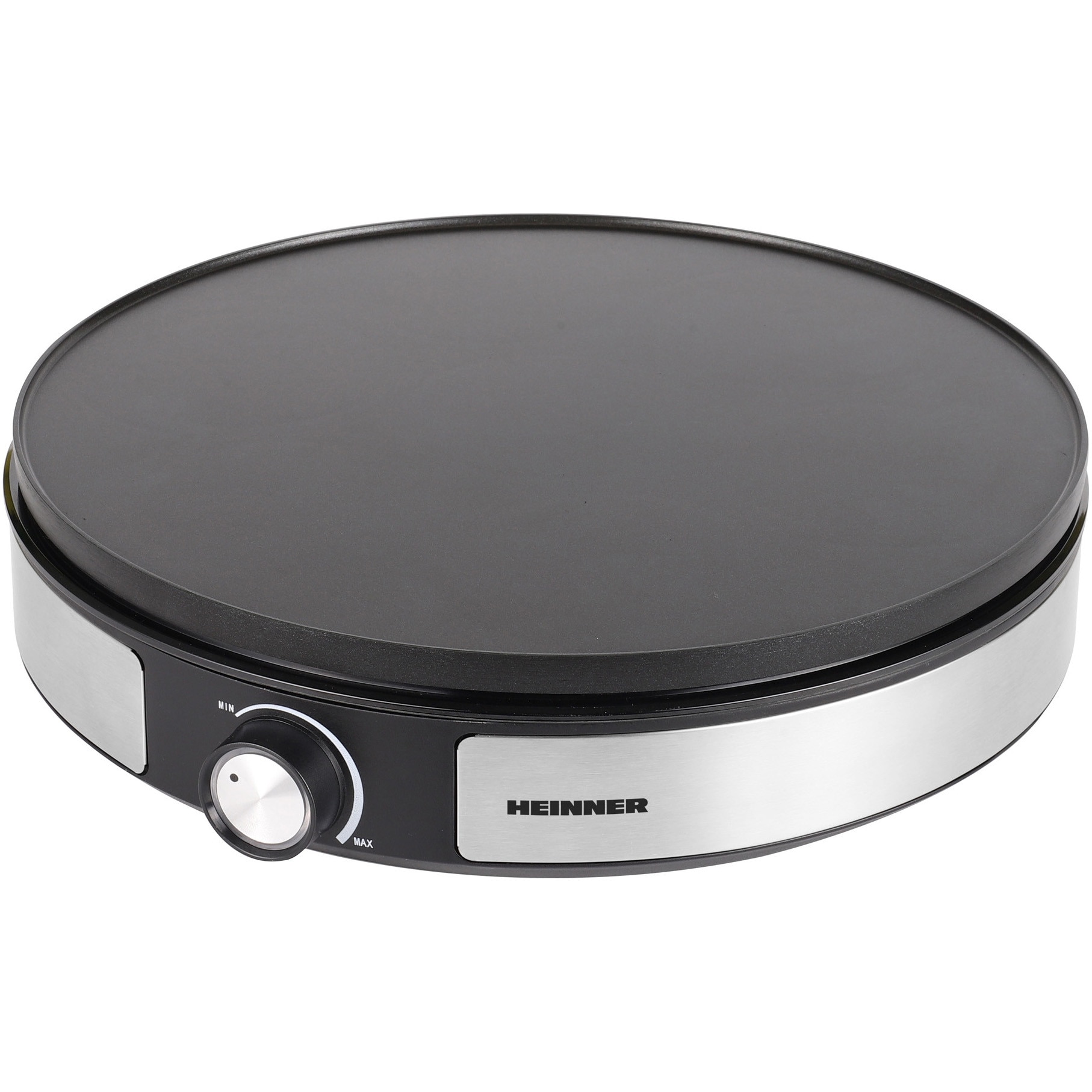 Aparat de facut clatite 2 in 1 Heinner HCPM-F15RVSS, 1500W, placa reversibila, clatite normale sau in stil american, invelis antiaderent, buton control temperatura, indicatori lumi