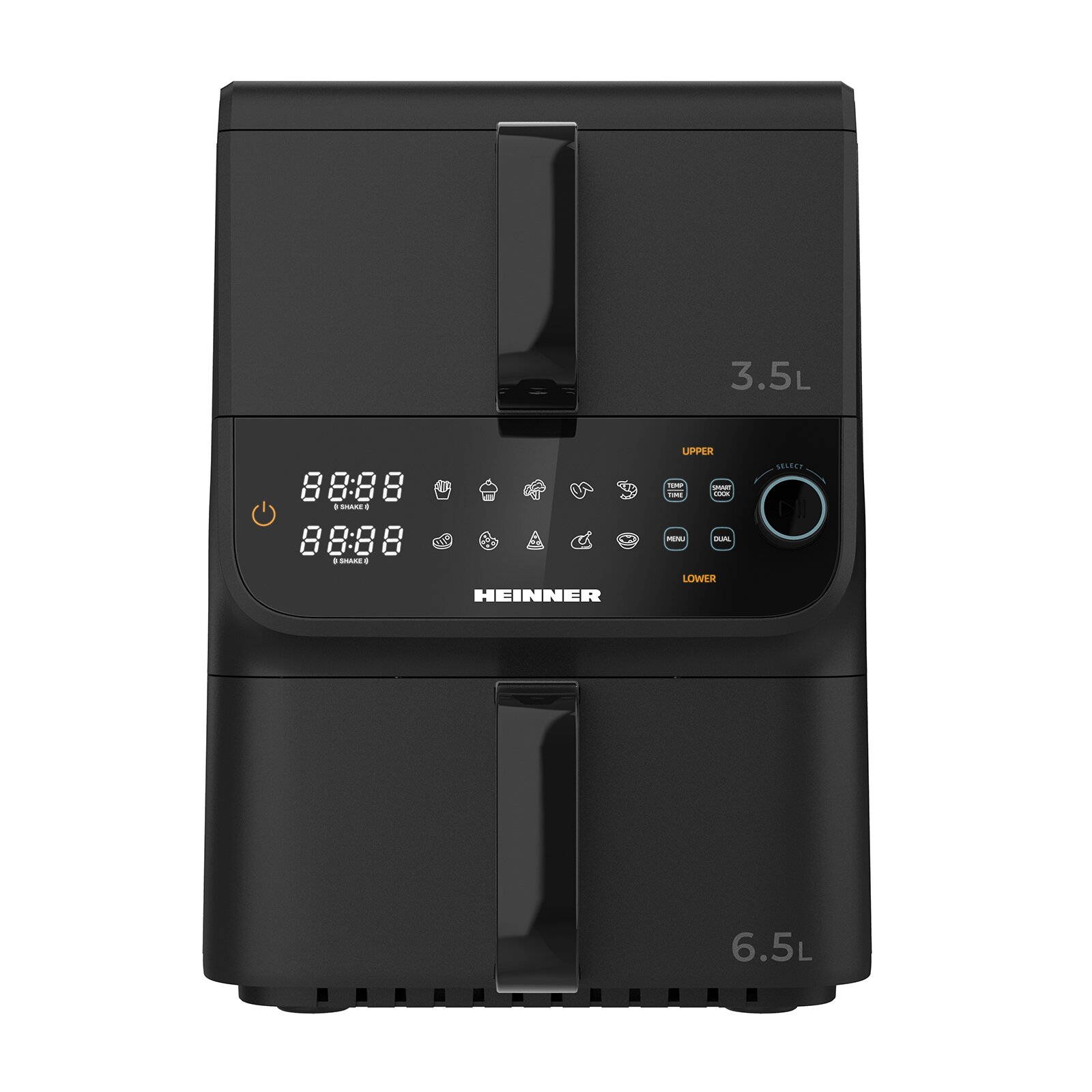 Friteuza cu aer cald dublu etajata Heinner InnovaCook HAF-C10DBS25BK, 2500 W, 10 L (3,5L + 6,5L), Control digital + buton rotativ, 10 programe, Functii Smart si Dual Cooking, 80–200°C, Timer 60 min, Negru