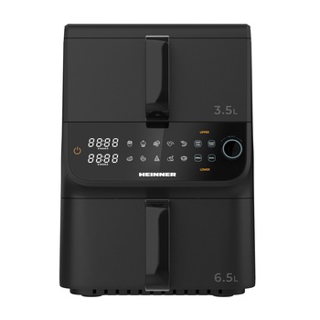Friteuza cu aer cald dublu etajata Heinner InnovaCook HAF-C10DBS25BK, 2500 W, 10 L (3,5L + 6,5L), Control digital + buton rotativ, 10 programe, Functii Smart si Dual Cooking, 80–200°C, Timer 60 min, Negru