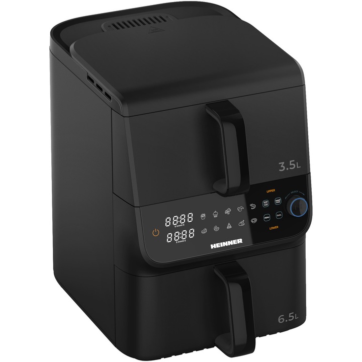 Фритюрник с две нива Heinner HAF-C10DBS25BK, 2500W, Капацитет 10 л, Технология за бърза циркулация, Дигитален контрол, Въртящ се бутон за програми, Двойно готвене, 80-200 градуса C, Таймер 60 мин, 10 програми, Автоматично изключване, Черен