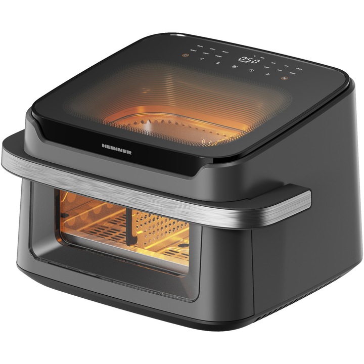Friteuza cu aer cald Heinner HAF-C10DB22GREY, 2200W, capacitate 10l, tehnologie circulare rapida a aerului, cavitate metalica, 2 ferestre supraveghere si lumina interna automata, 80-200 grade C, timer 60 minute, 12 programe, dubla compartimentare, gri