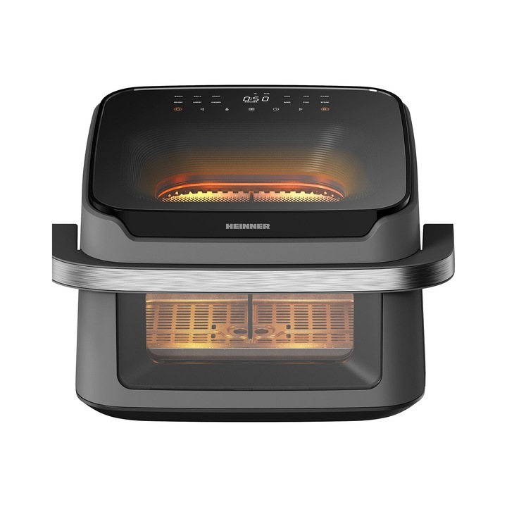 Friteuza cu aer cald Heinner AirBake Revolution HAF-C10DB22GREY, 2200W, 10L, 12 programe, Dubla compartimentare, 2 ferestre vizualizare, Lumina interna, 80-200C, Timer 60 min, Gri antracit