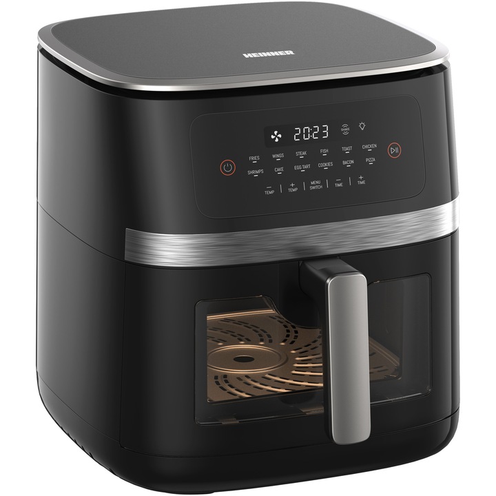 Friteuza cu aer cald Heinner HAF-C7DH20BK, 2000W, capacitate 7l, incalzire dubla sus/jos, tehnologie circulare rapida a aerului, cavitate metalica, control digital, temperatura 80-200 grade C, timer 60 minute, 12 programe, oprire automata, negru