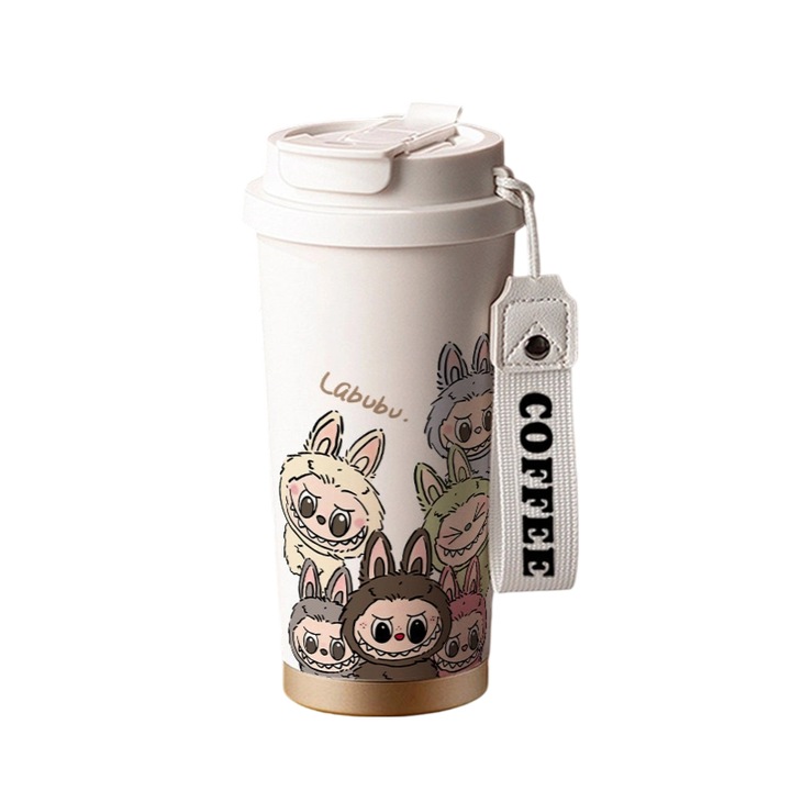 Cana termica cu capac si pai, 500ml, dublu perete, inox cu acoperire ceramica, design rezistent la scurgeri, pentru birou si calatorii