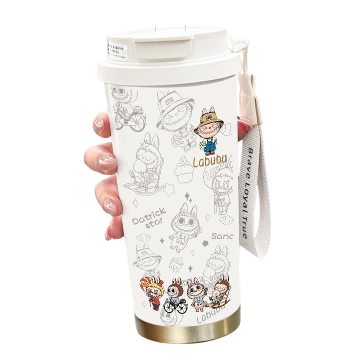 Cana termica cu capac si pai, 500ml, dublu perete, design rezistent la scurgeri, ceramica, pentru birou, scoala, petreceri, camping