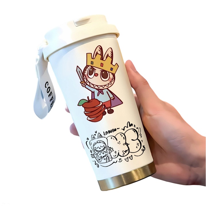 Cana termica cu capac si pai, 500ml, dublu perete, inox cu acoperire ceramica, design rezistent la scurgeri, pentru birou, scoala, petreceri, camping